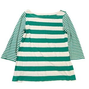 Ann Taylor LOFT Striped Boat Neck Knit Top Women's Size M Green White 3/4 Sleeve